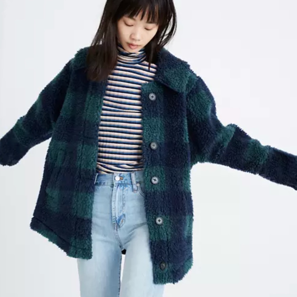Madewell Evergreen Sherpa Jacket shacket in Buffalo Check